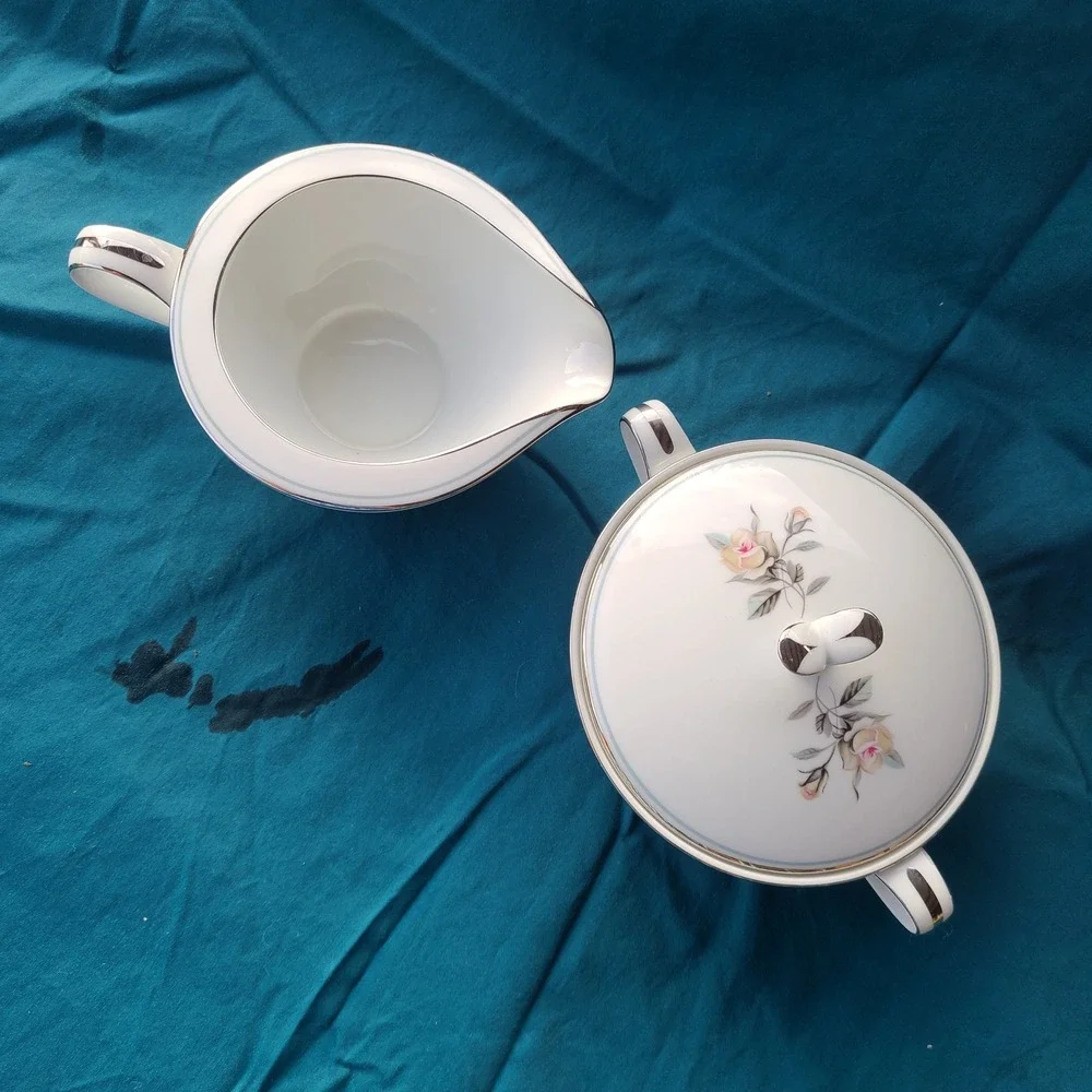 Noritake Margot 5605 Sugar Bowl w/Lid and Creamer Set White Rose MCM Vintage Pla